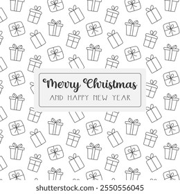 Natal padrão sem emenda. Desenhar decoração de contorno preto em branco. Design de férias de inverno para cartão de saudação, tampa, impressão, tecido. Ilustração vetorial.
