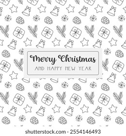 Christmas seamless pattern. Doodle black outline decoration on white. Winter holiday design for greeting card, cover, print, fabric. Vector illustration.
