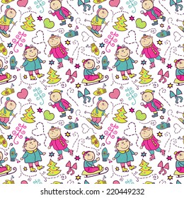 Christmas seamless pattern with doodle funny children, winter recreation