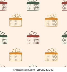 Navidades sin patrón con cajas de regalo Doodle. Fondo acogedor dibujado a mano con símbolos de celebración para Festiva. Repetir la Ilustración vectorial en estilo de boceto