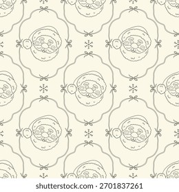 Weihnachten nahtloses Muster mit doodle handgezeichnete Weihnachtsmann in skurrilen Rahmen. Niedlicher Vintage-Weihnachtshintergrund für Druck, Papier, Stoff, Textil, Tapete