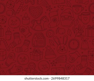 Navidades sin patrón, doodle ilustraciones de contorno sobre fondo rojo oscuro. Papá Noel, regalos, pan de jengibre, mitones, juguetes, velas, Navidades festivas e íconos del Año Nuevo.