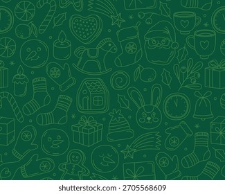 Natal padrão sem emenda, rabiscar ilustrações contorno em fundo verde escuro. Papai Noel, presentes, gengibre, mitenes, brinquedos, velas, Natal festivo e ícones de Ano Novo.