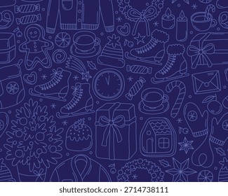 Weihnachten nahtloses Muster, Doodle Umriss einfache Illustrationen auf dunkelblauem Hintergrund. Baum, Fäustlinge, Geschenk, Lebkuchen, Rochen, Kranz, festliche Weihnachtselemente.