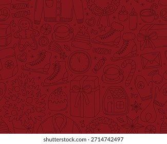 Navidades sin patrón, doodle esquema ilustraciones simples sobre fondo rojo. Árbol, mitones, regalo, panes de jengibre, patines, corona, Elementos de Navidades festivas.