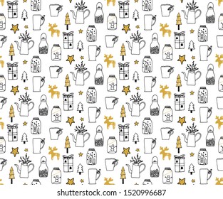 Christmas seamless pattern with doodle reindeer, marshmallow, stars, snowman.Cute vector illustration, great for holiday fabric, wrapping paper.