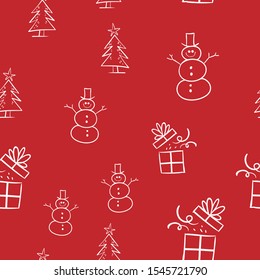 Christmas seamless pattern with doodle santa, snowman, tree and gift. 