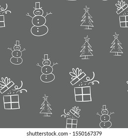Christmas seamless pattern with doodle santa, snowman, tree and gift. 
