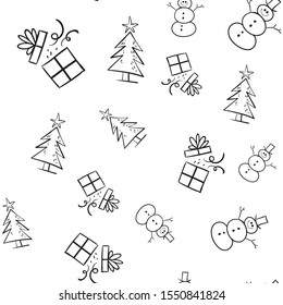 Christmas seamless pattern with doodle santa, snowman, tree and gift. 