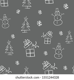 Christmas seamless pattern with doodle santa, snowman, tree and gift. 