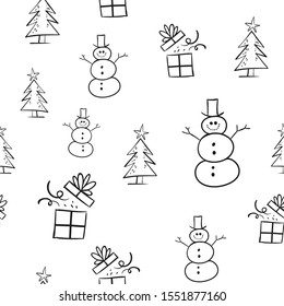 Christmas seamless pattern with doodle santa, snowman, tree and gift. 