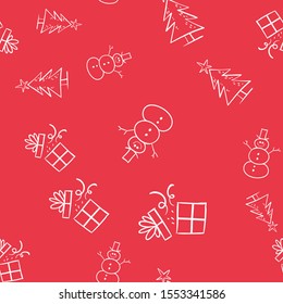 Christmas seamless pattern with doodle santa, snowman, tree and gift. 