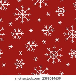 Christmas seamless pattern with doodle snowflakes on a red background.