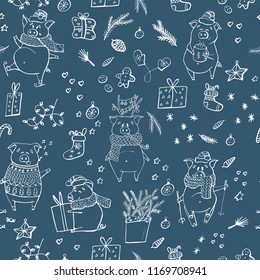 Christmas seamless pattern in doodle style on blu background. Christmas and winter holiday cartoon background. Lovely endless background for meeting New year and Christmas.