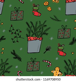 Christmas seamless pattern in doodle style on green background. Christmas and winter holiday cartoon background. Lovely endless background for meeting New year and Christmas.