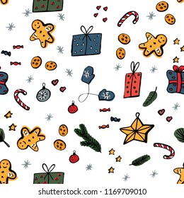 Christmas seamless pattern in doodle style on white background. Christmas and winter holiday cartoon background. Lovely endless background for meeting New year and Christmas.