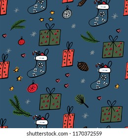 Christmas seamless pattern in doodle style on blu background. Christmas and winter holiday cartoon tile. Lovely endless background for meeting New year and Christmas.