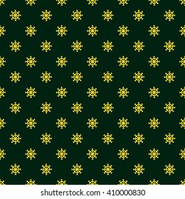 Christmas seamless pattern in Doodle style Golden snowflake. Paper products, wrapping, textiles on green colored background