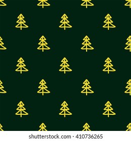 Christmas seamless pattern in Doodle style Golden Christmas tree. Paper products, wrapping, textiles on green colored background