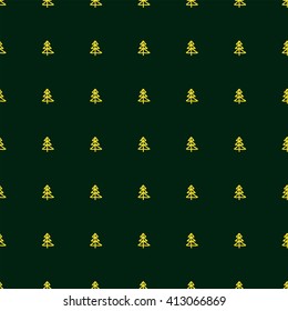 Christmas seamless pattern in Doodle style Golden Christmas tree. Paper products, wrapping, textiles on green colored background