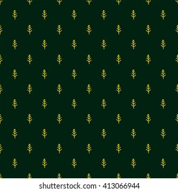 Christmas seamless pattern in Doodle style Golden Christmas tree. Paper products, wrapping, textiles on green colored background