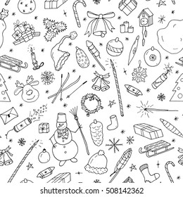 Christmas seamless pattern in doodle style.Hand drawn vector illustration.