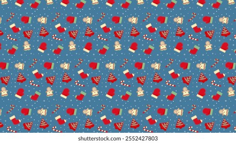 Christmas seamless pattern doodle of tree glove sock gingerbread candy cane in red, yellow and green colors for Happy New Year background. For print, menu, wrapping paper, wallpaper, packaging, banner