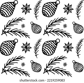 Christmas seamless pattern doodle. Pattern with Christmas trees, balls and stars. Vector illustration. Stylish design for packaging, paper boxes, covers, textiles, craft etc.