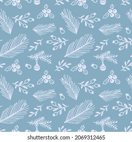 Christmas seamless pattern. Doodle winter botanic elements on blue background