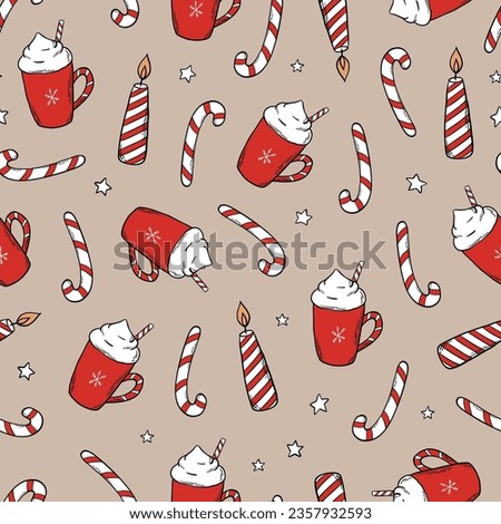 christmas seamless pattern with doodles of candles, candy canes and coffee mugs for wallpaper, scrapbooking, stationary, wrapping paper, etc. EPS 10