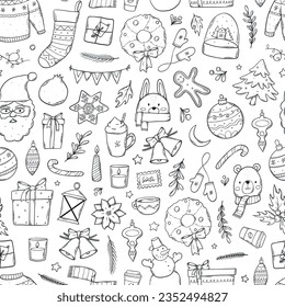 Christmas seamless pattern with doodles for coloring pages, wrapping paper, scrapbooking, stationary, wallpaper, prints, etc. Xmas monochrome repeat pattern. EPS 10
