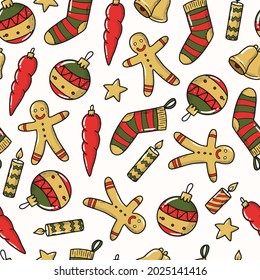 Christmas seamless pattern with doodles of gingerbread man, candles, toys, decorations. Good for wrapping paper, textile prints, scrapbooking, backgrounds, wallpaper, etc. Eps 10