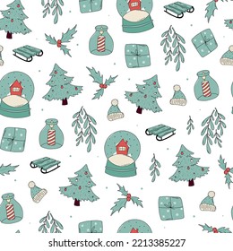Christmas seamless pattern with doodles, hand drawn elements on white background. Good for wrapping paper, scrapbooking, stationary, gift wrap, wallpaper, packaging, textile prints, etc. EPS 10