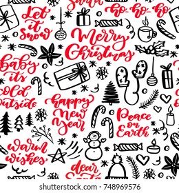 Christmas seamless pattern. Doodles and holiday lettering. Hand drawn xmas illustrations. Winter and New Year black, red outline background. Great for gift wrapping paper, card, scandinavian decor
