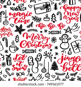 Christmas seamless pattern. Doodles and holiday lettering. Hand drawn xmas illustrations. Winter and New Year black, red outline background. Great for gift wrapping paper, card, scandinavian decor