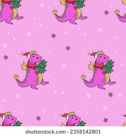 Christmas Seamless pattern dragon with Christmas tree on pink background with snowflakes. Vector illustration trendy pink aesthetic for new year design, wallpaper, packaging, textile.