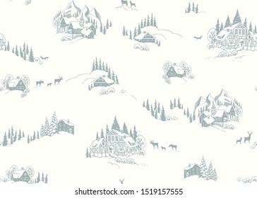 Christmas seamless pattern with drawing winter landscape, houses, chalets and animals. Vector winter illustration in vintage style on ivory background.