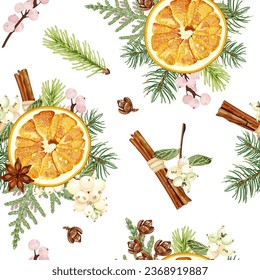 Christmas seamless pattern with dried orange, cinnamon, snowberry, thuja and fir tree. Festive decor. Stock vector illustration on a white background.