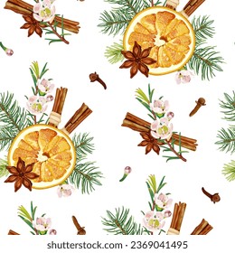 Christmas seamless pattern with dried orange, cinnamon, anise, cloves, fir and pink Chamelaucium flowers. Cozy festive design. Stock vector illustration.