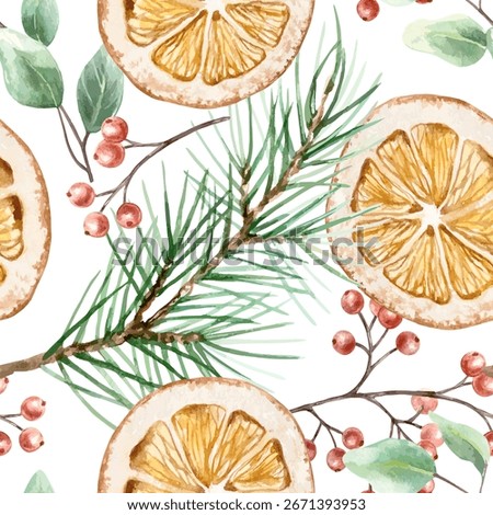 Christmas seamless pattern with dried orange slices, fir branches, red berries and green eucalyptus leaves. Hand drawn watercolor pastel illustration for New Year wrapping paper and textiles.