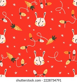 Christmas seamless pattern of electric  garlands, carrots and hares heads on red background.Cute cartoon hand drawn print on fabric and paper.Decoration for winter holidays.Vector flat illustration.