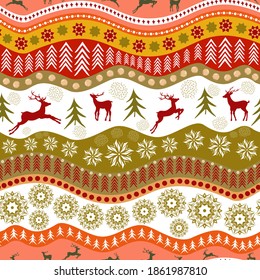 Christmas seamless pattern with elements arranged in multi-colored wavy stripes. Vector deer, Christmas trees, snowflakes on red, green, white, yellow and orange