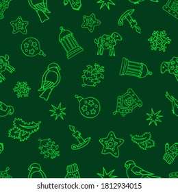 Christmas seamless pattern with elements of cute hand drawn symbols of New Year's holidays on green background