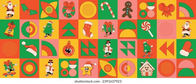 Christmas seamless pattern with elements of holiday icons Santa, Tree, snowman, gingerbread, star, ball. Modern vector illustration for wrapping paper, background, wallpaper, design, decoration.