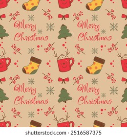 Christmas seamless pattern with elements like socks, red mugs, holly berries, snowflakes, red ribbons and festive trees on a beige background. Holiday gift paper wrapping.