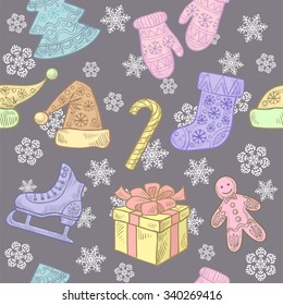 Christmas seamless pattern with Christmas elements - skates, boots, bells, mittens, candy, cookies, Christmas tree in the patterns and snowflakes