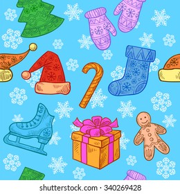 Christmas seamless pattern with Christmas elements - skates, boots, bells, mittens, candy, cookies, Christmas tree in the patterns and snowflakes