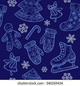 Christmas seamless pattern with Christmas elements - skates, boots, bells, mittens, candy, cookies, Christmas tree in the patterns and snowflakes