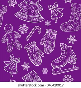 Christmas seamless pattern with Christmas elements - skates, boots, bells, mittens, candy, cookies, Christmas tree in the patterns and snowflakes