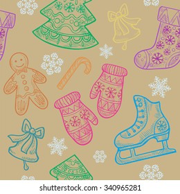 Christmas seamless pattern with Christmas elements - skates, boots, bells, mittens, candy, cookies, Christmas tree in the patterns and snowflakes